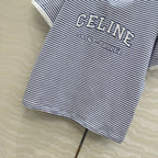 Celine 25 Striped Letter Short-sleeved T-shirt Blue White Cotton