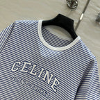 Celine 25 Striped Letter Short-sleeved T-shirt Blue White Cotton