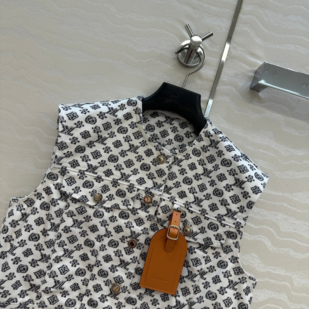 LV 25 Modern Logo Denim Vest Jacket Black White Poliester