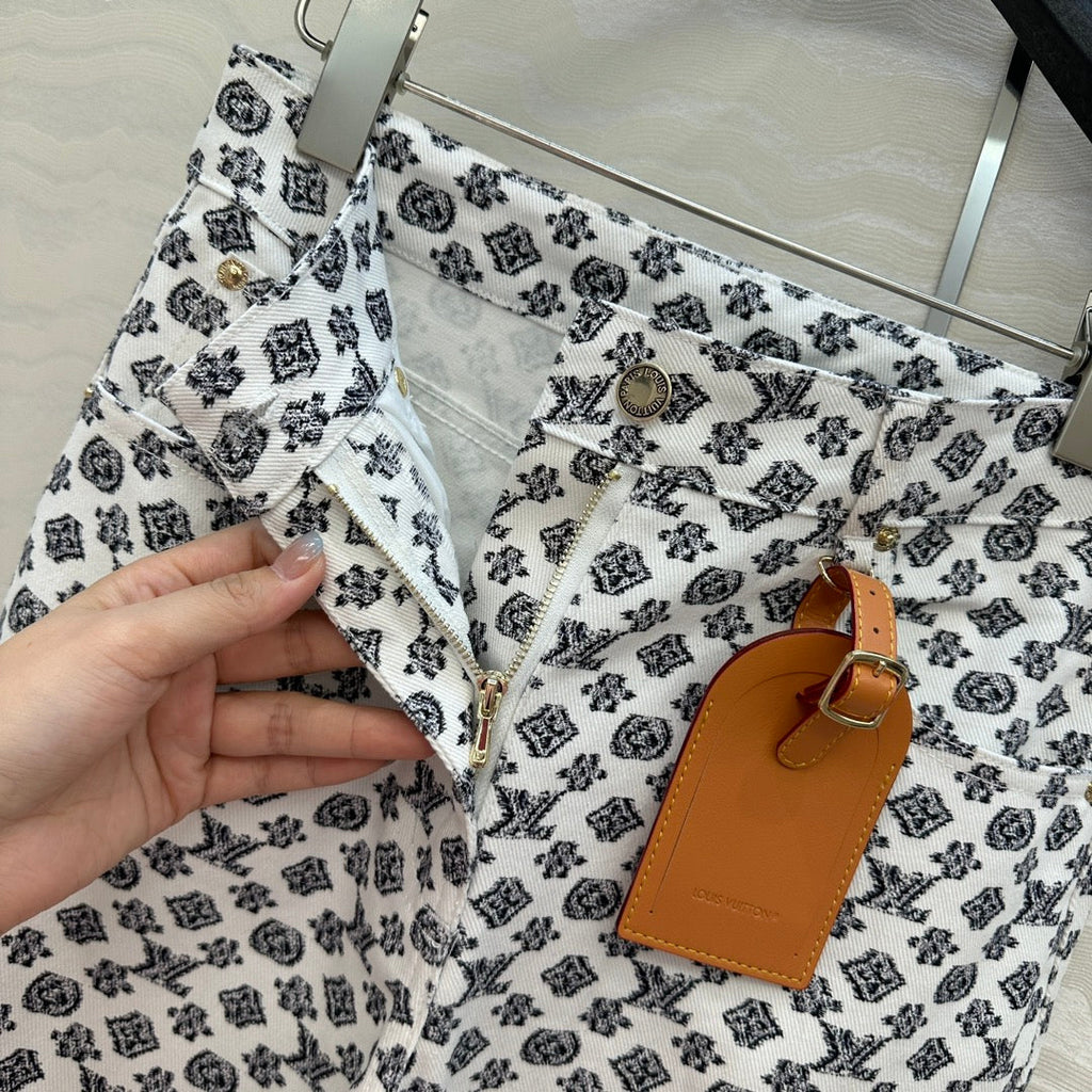 LV 25 Modern Logo Denim Pants Black White Poliester
