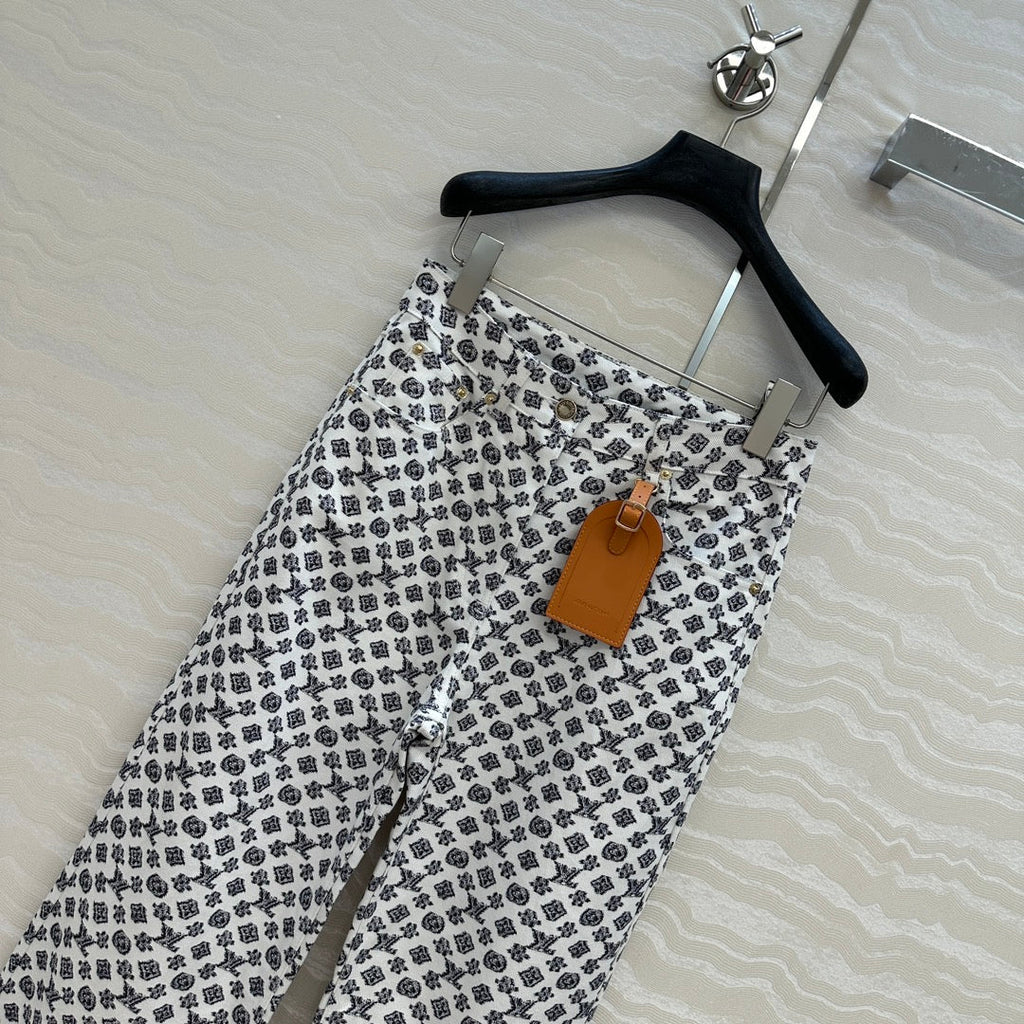 LV 25 Modern Logo Denim Pants Black White Poliester