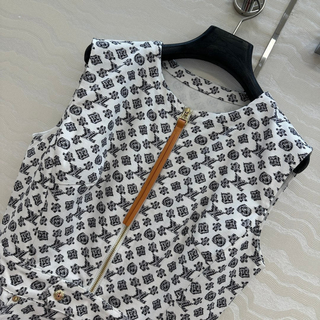 LV 25 Modern Logo Denim Long Vest Dress Black White Poliester