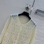 CD Hollowed-out Cardigan Light Cream Cotton