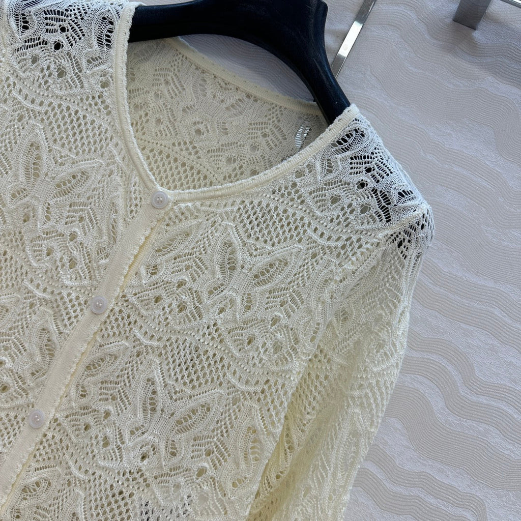CD Hollowed-out Cardigan Light Cream Cotton