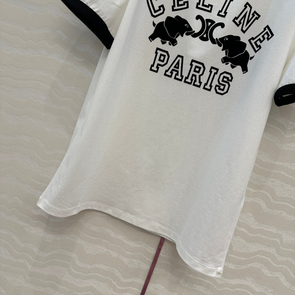 Celine Elephant Letter Flocking Short-sleeved T-shirt White mix Black Cotton