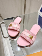LV Flat Mules pairs raffia pink monogram cowhide 383723