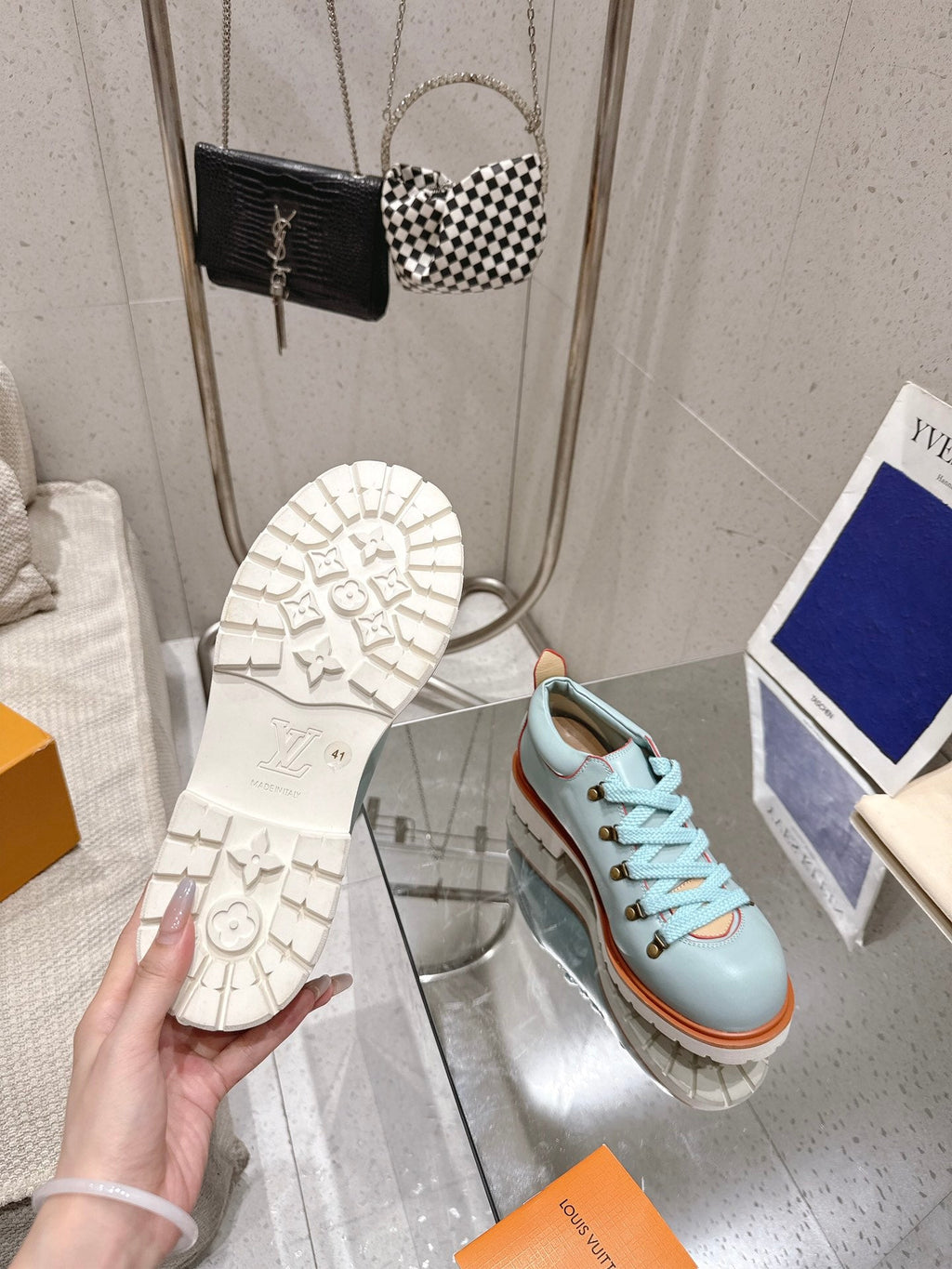 LV Pharrell and Nigo Hiking Shoes  Light Blue Orange Sheepskin 383740