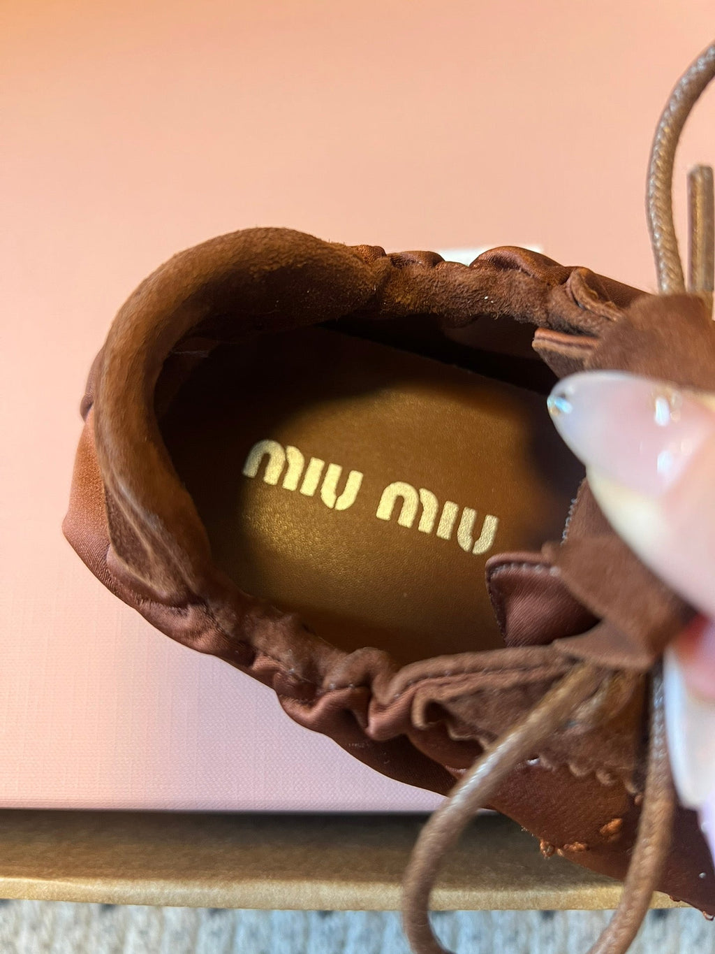 Miu Miu 2026  Plume Sneaker With Floral Charm Dark Brown Satin 621343