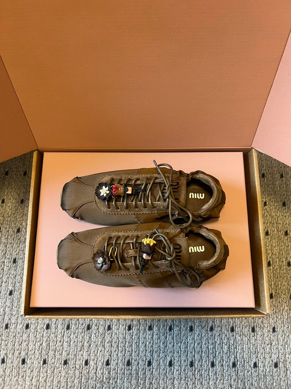 Miu Miu 2026  Plume Sneaker With Floral Charm Brown Satin 621344