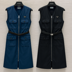 Prada 2025 Sleeveless Zipper Dresses Blue and Black Poliamide