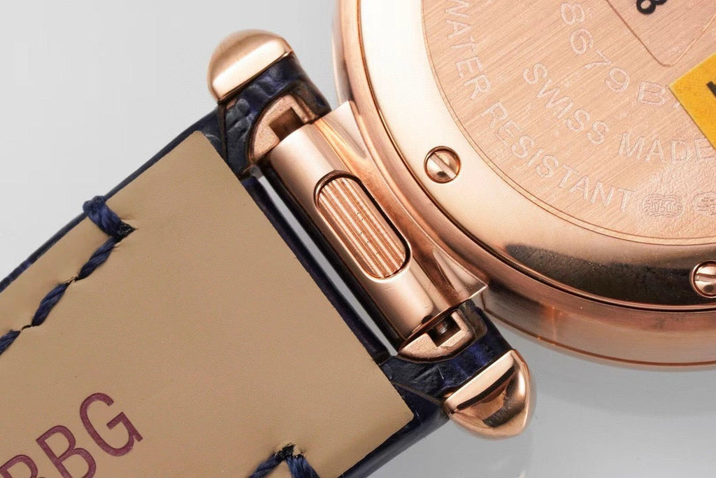 Pasha 30mm Quartz Pink Gold Case White Dial Navy Blue Strap