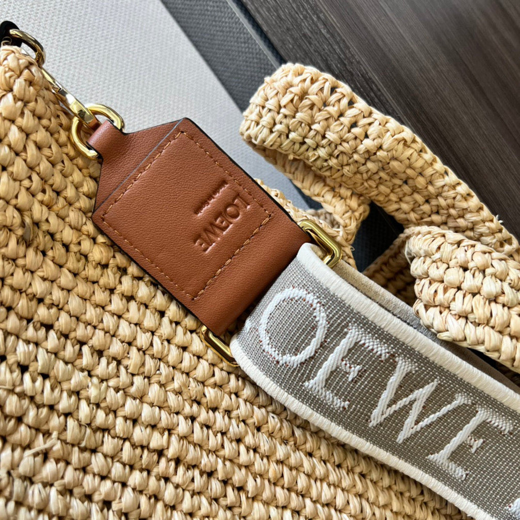Mini Slit Tote 30cm Beige Raffia Tan Calfskin