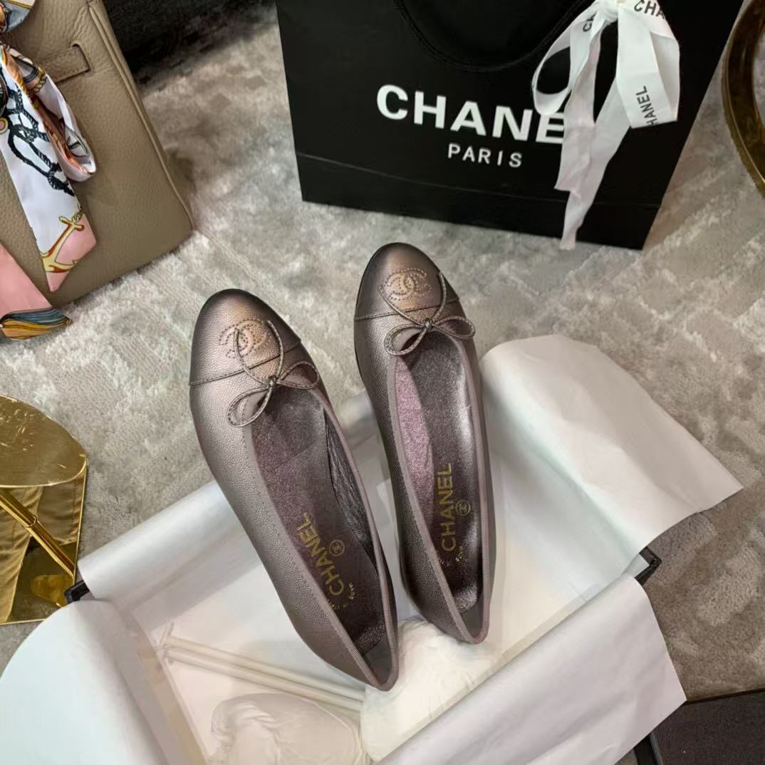 Ballet Flat Grey Chocolate Grained Calfskin