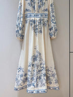 ZIMMERMANN Lucky Plunge Midi Dress Cream/Blue Floral Linen Fabric