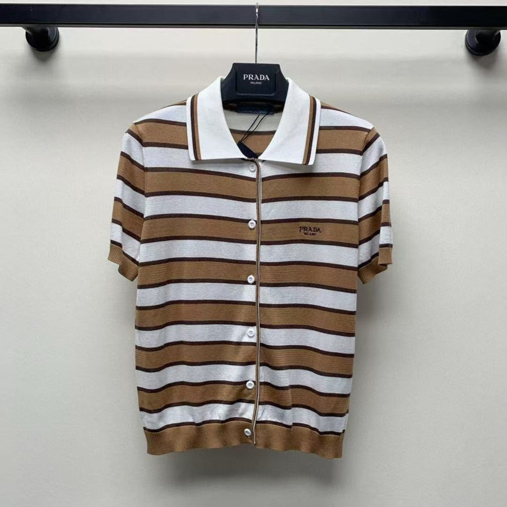 Prada Striped Polo T-shirt White Brown Tencel Cotton