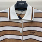 Prada Striped Polo T-shirt White Brown Tencel Cotton