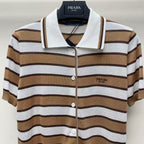Prada Striped Polo T-shirt White Brown Tencel Cotton