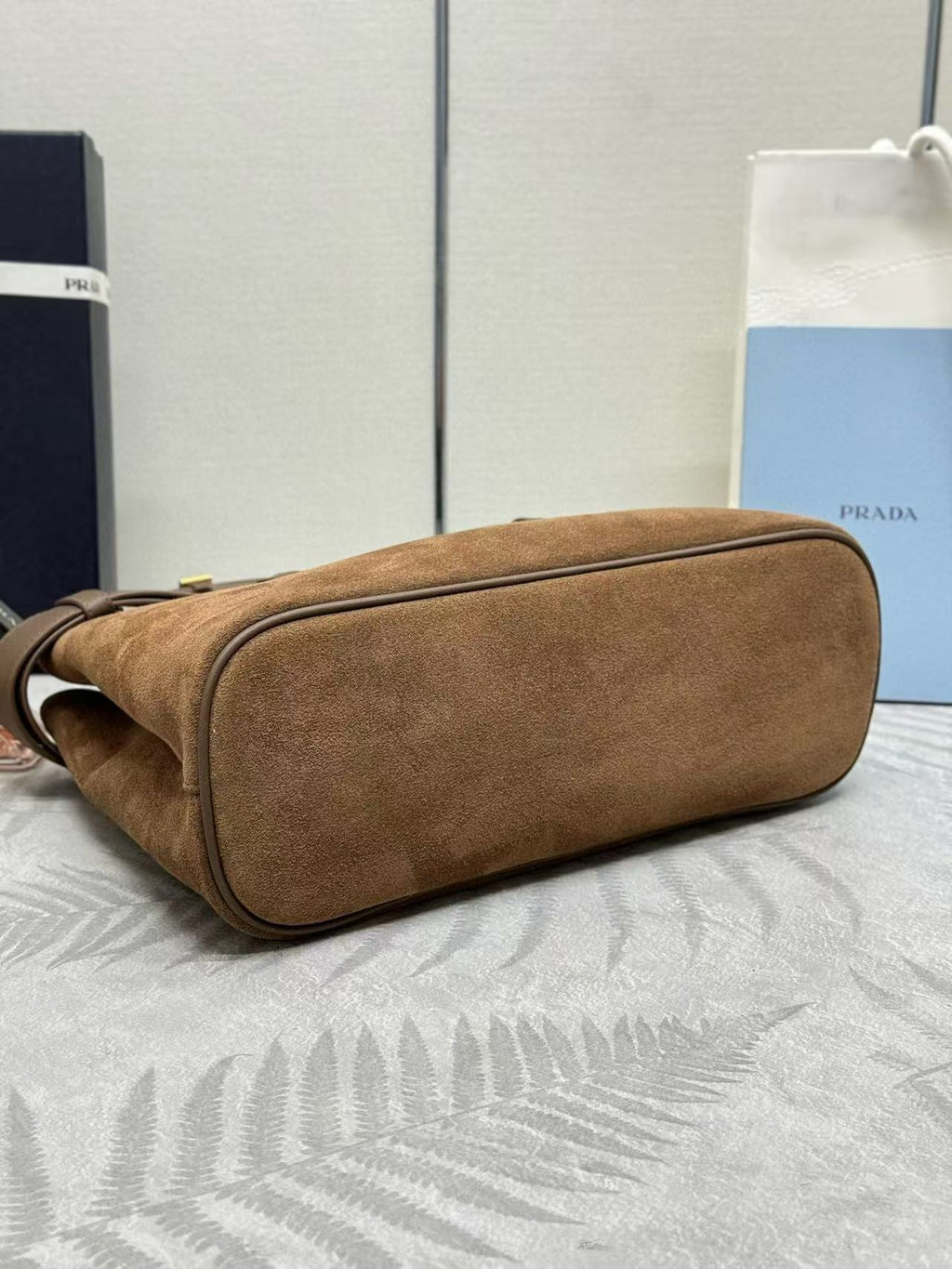Prada Buckle Handbag Brown Suede Leather