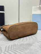 Prada Buckle Handbag Brown Suede Leather