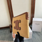 CELINE SMALL POUCH BEIGE BROWN  RAFFIA CALFSKIN