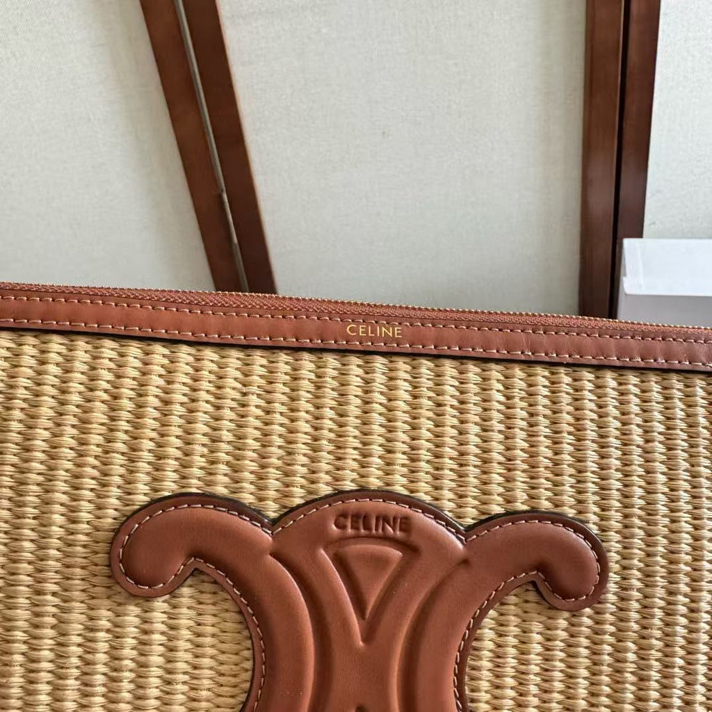 CELINE SMALL POUCH BEIGE BROWN  RAFFIA CALFSKIN