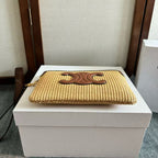 CELINE SMALL POUCH BEIGE BROWN  RAFFIA CALFSKIN
