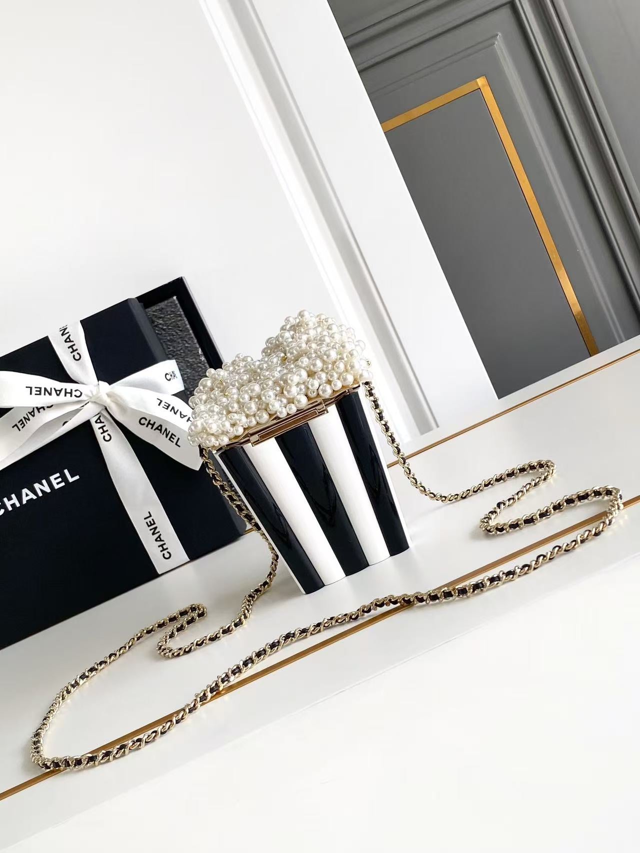 Chanel 25 Popcorn Minaudière Bag Black White Pink Resin