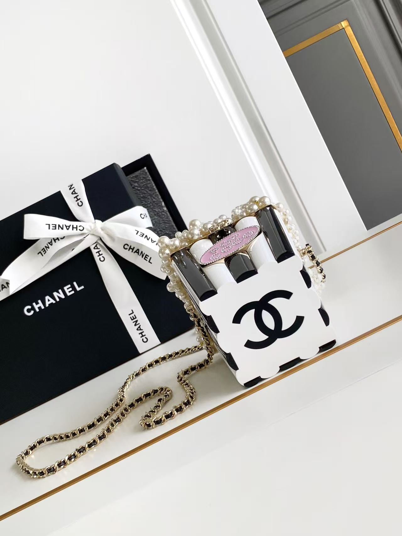Chanel 25 Popcorn Minaudière Bag Black White Pink Resin