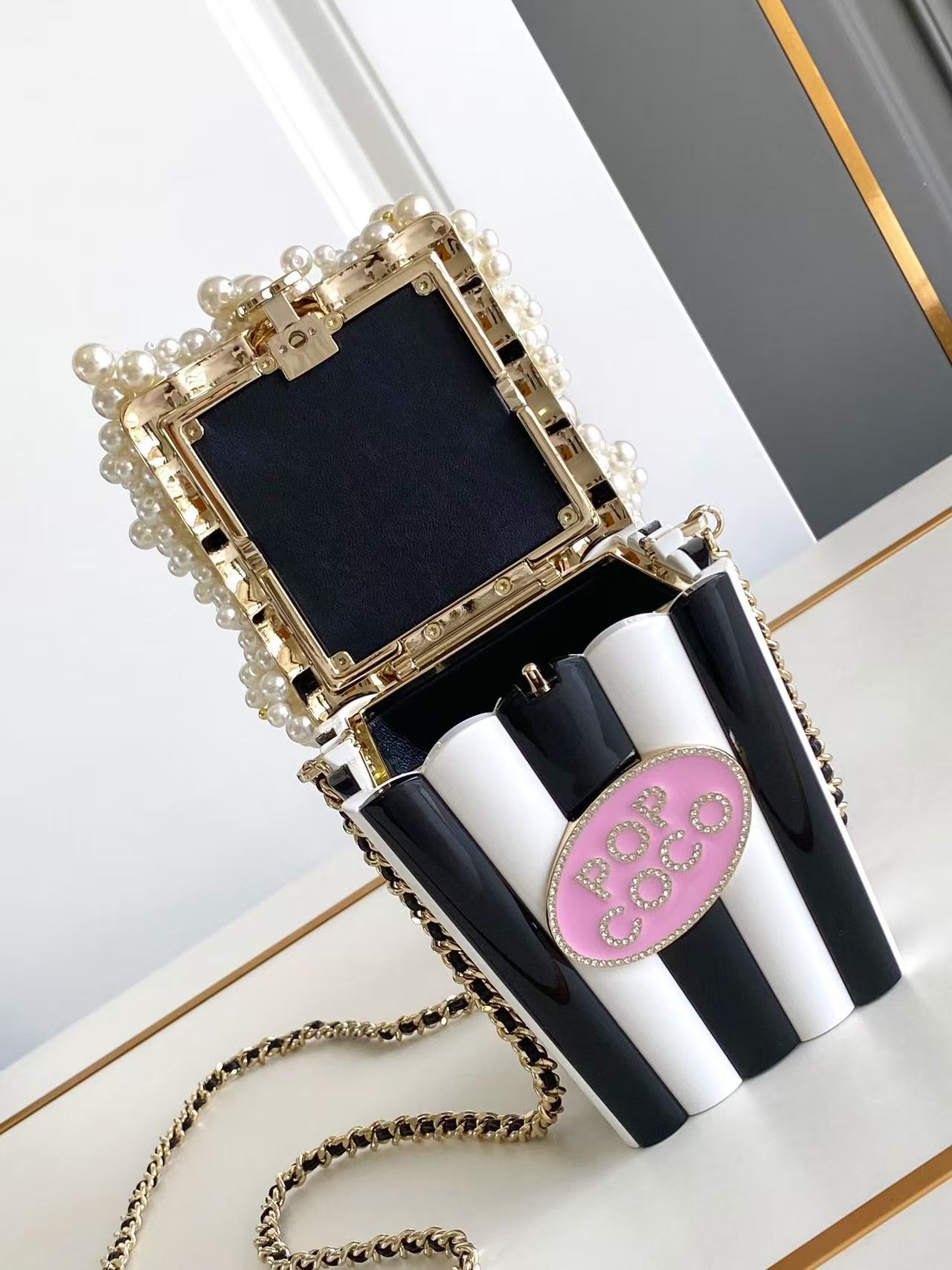 Chanel 25 Popcorn Minaudière Bag Black White Pink Resin