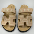 chypre sandal beige suede calfskin white thread embroidered