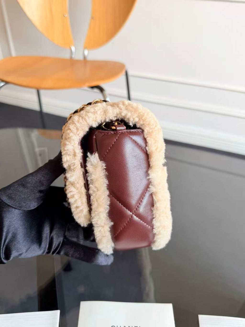 CC 2025 Flap Bag 23.5cm Beige Dark Burgundy Sherling Lambskin Gold Hardware