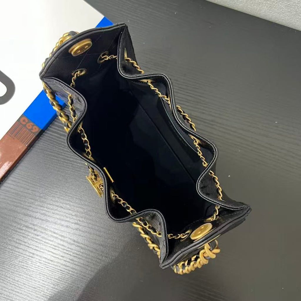 Chanel 2025 Hobo Bag 22cm Black Gold Grained Calfskin