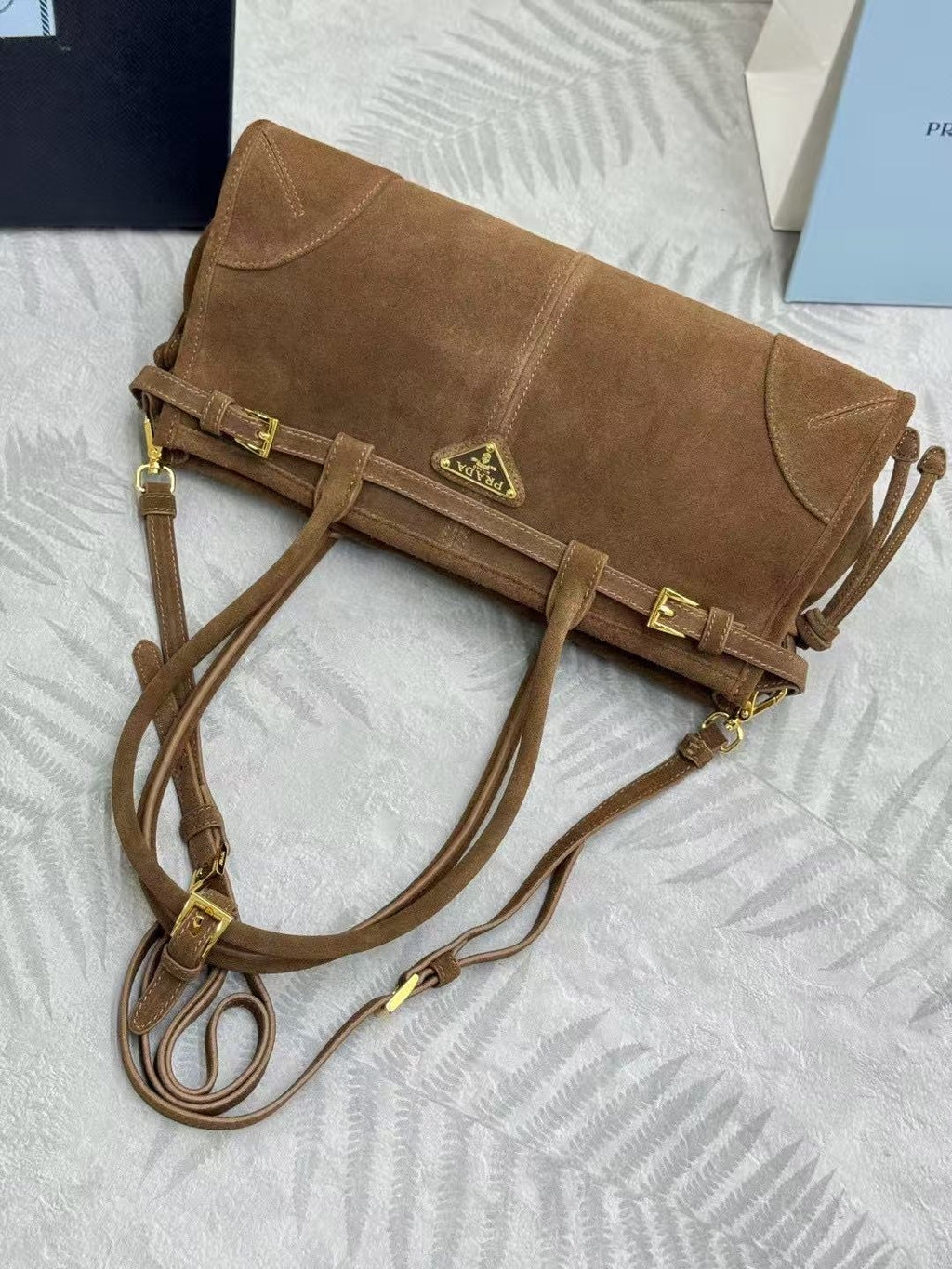 TOTE BAG WITH BELT 32 IN RUSSET BROWN SUEDE GOLD HARDWARE