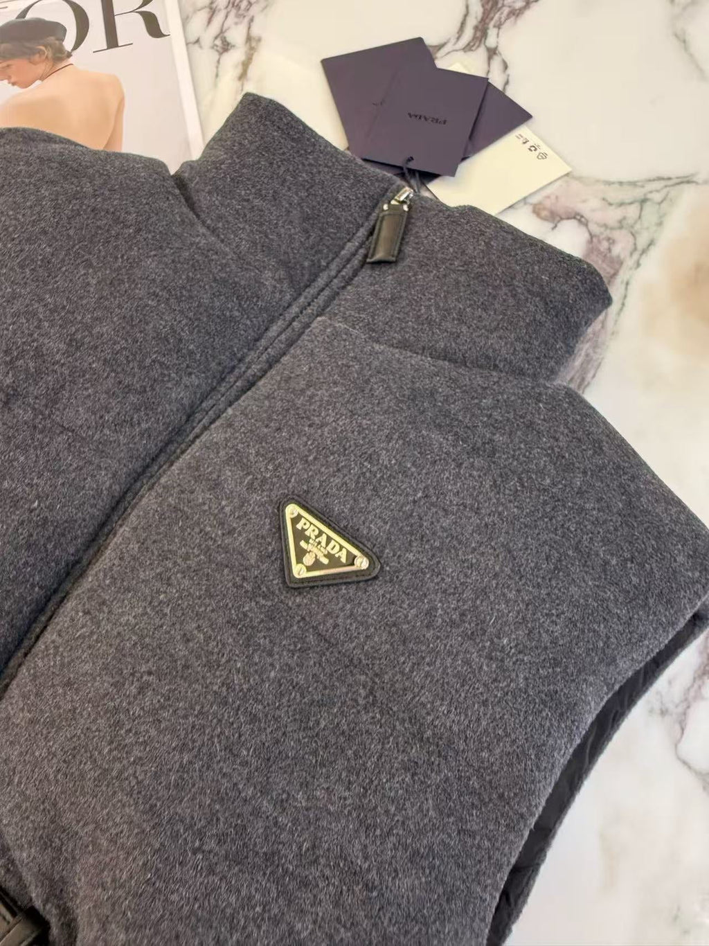 Prada 2025 Belted Down Vest Gray Wool