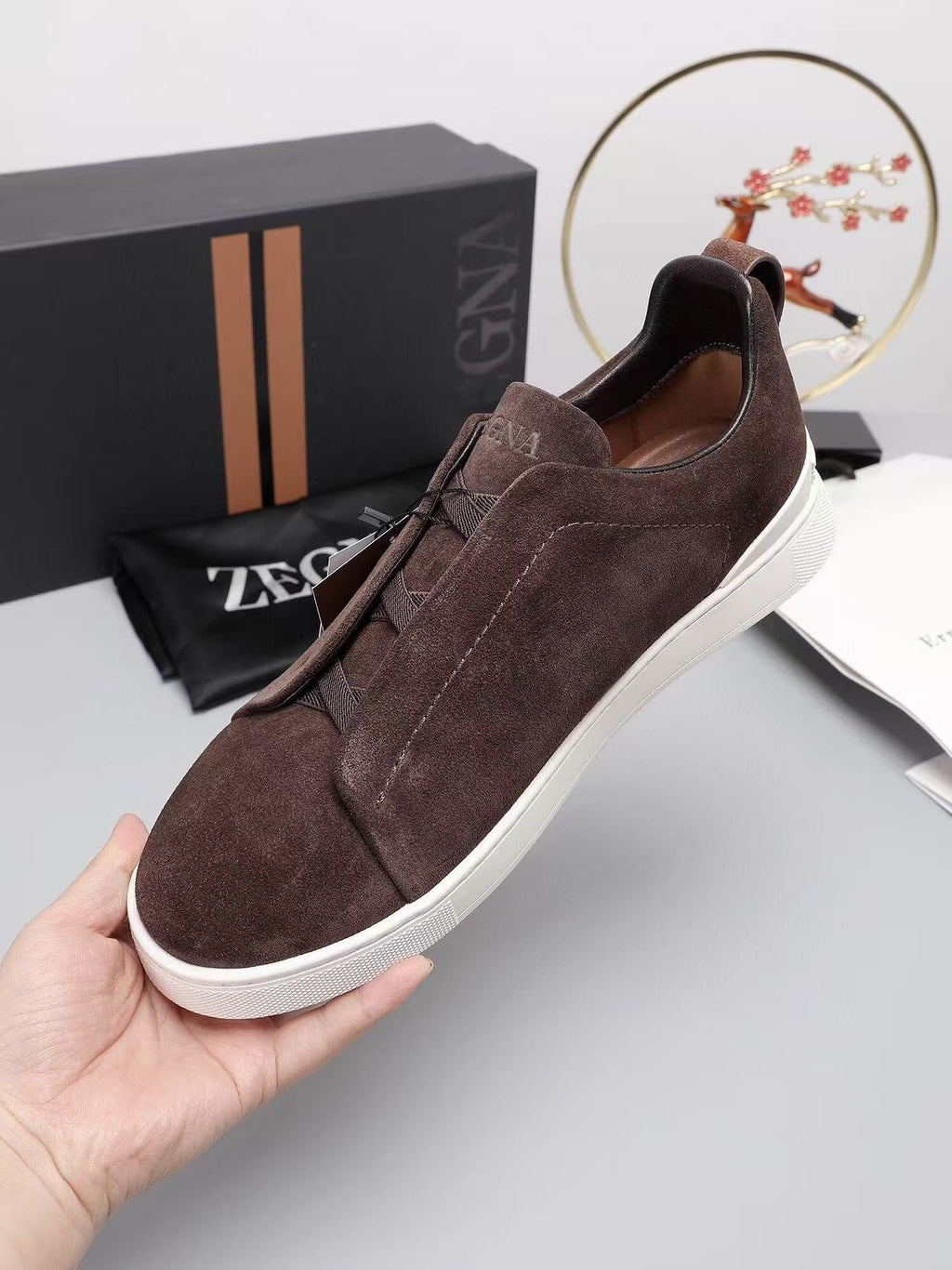 Zegna Triple Stitch Slip-on Sneaker Dark Brown Suede