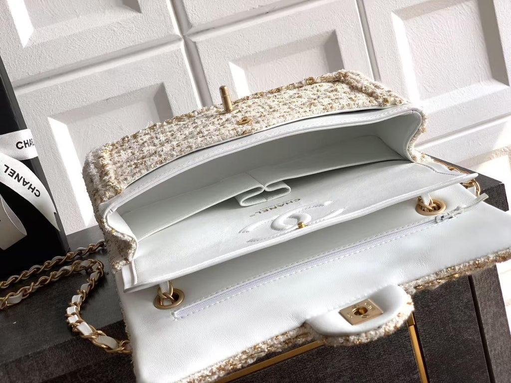 Chanel 2026 Quilted Rectangular Flap Bag 25cm White Gold Tweed Leather