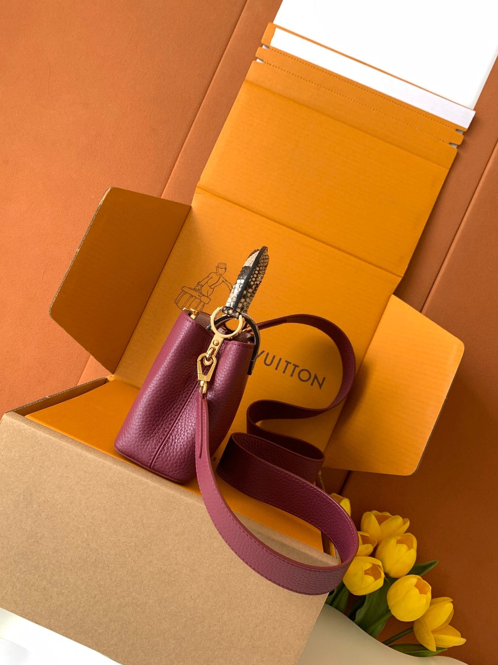 LV 2026 Burgundy Taurillon Leather And Python Mini Capucines Bag