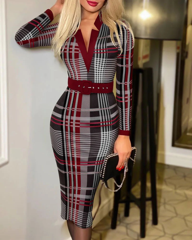 Geo Print Slim Fit Dress, Elegant High Waist Slit Midi Dress, Women