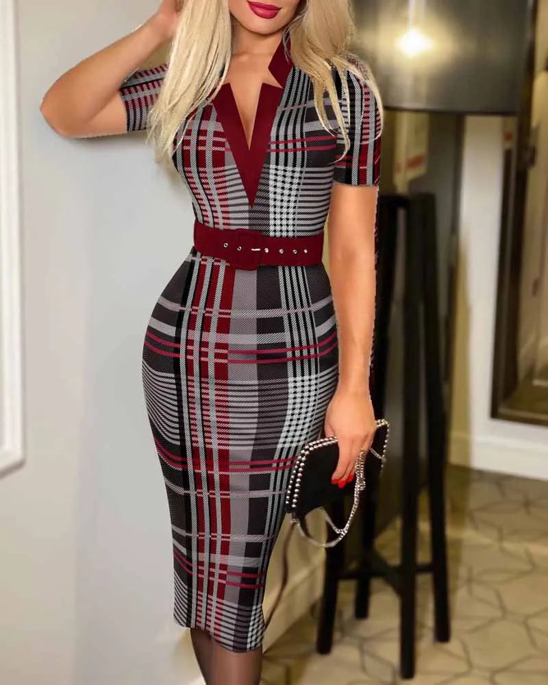 Geo Print Slim Fit Dress, Elegant High Waist Slit Midi Dress, Women