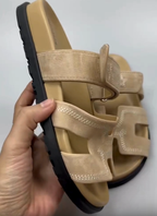 chypre sandal beige suede calfskin white thread embroidered