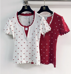 Chanel 2026 V-neckline With Scalloped Trim Shirt White and Red Wool