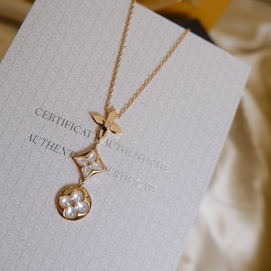 COLOR BLOSSOM LARIAT NECKLACE PINK GOLD WHITE MOTHER PEARL AND DIAMOND
