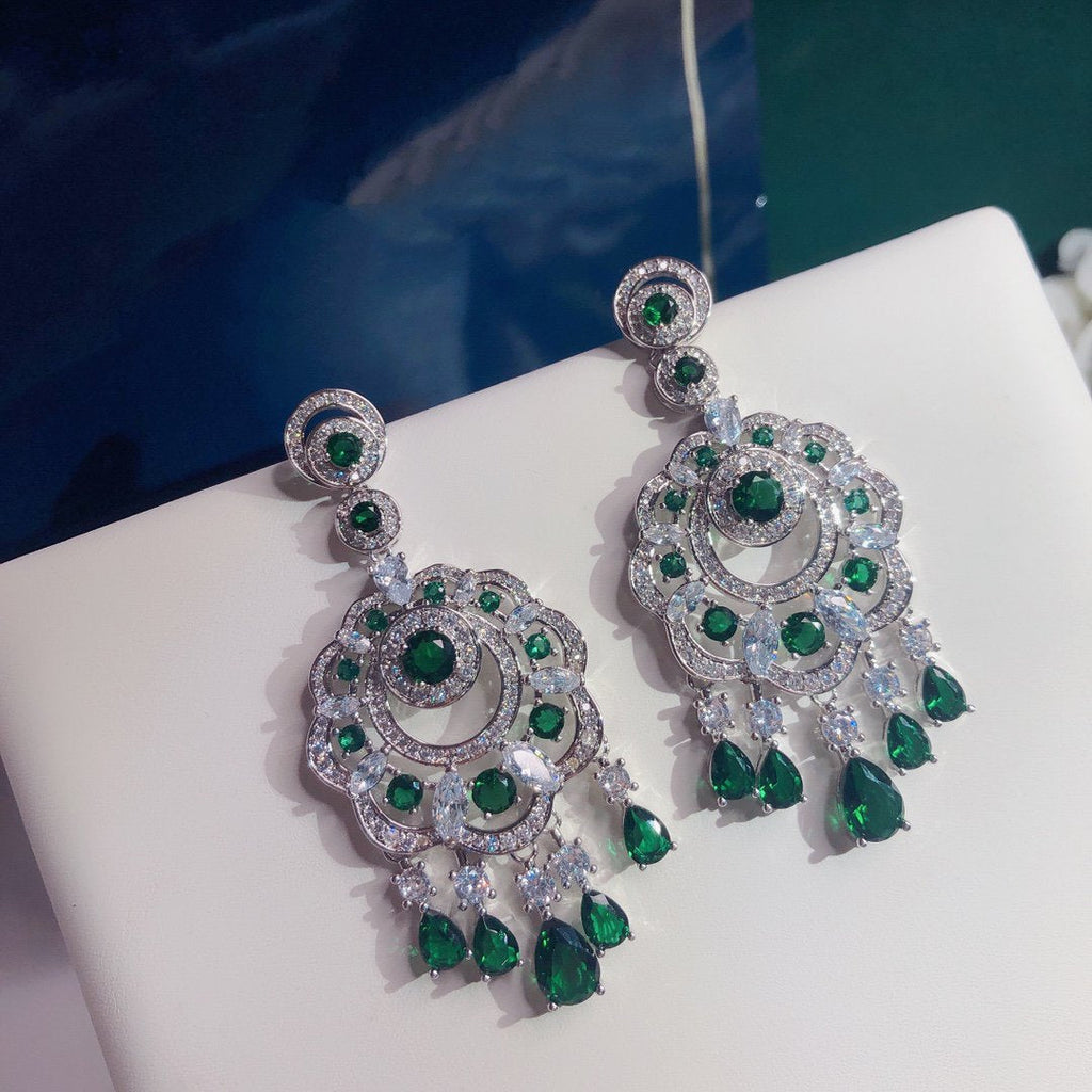 GRA FLOWER SILVER GREEN DIAMOND DROP EARRINGS