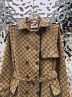 GG-JACQUARD COTTON-BLEND CANVAS TRENCH COAT WITH LEATHER TRIM
