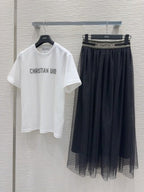 CD 2025 Set T-shirt with Mesh skirt Black White Polyester Cotton