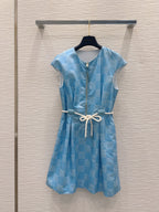 LV 25 Pleated Trendy Square Vest Dress White Blue Poliester