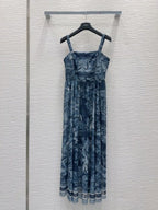 CD 25 Print Suspender Skirt Light Gray and Navy Blue Polyester
