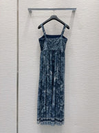 CD 25 Print Suspender Skirt Light Gray and Navy Blue Polyester