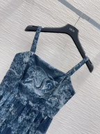 CD 25 Print Suspender Skirt Light Gray and Navy Blue Polyester