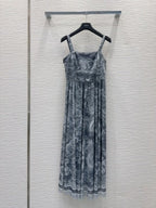 CD 25 Print Suspender Skirt Light Gray and Navy Blue Polyester